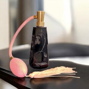 Bohemian Czech black art glass perfume atomizer bottle.
